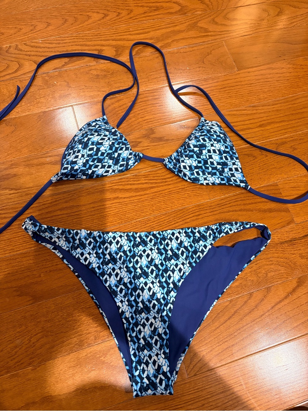 Blue Patterned Triangle Bikini Set - Women's Swim